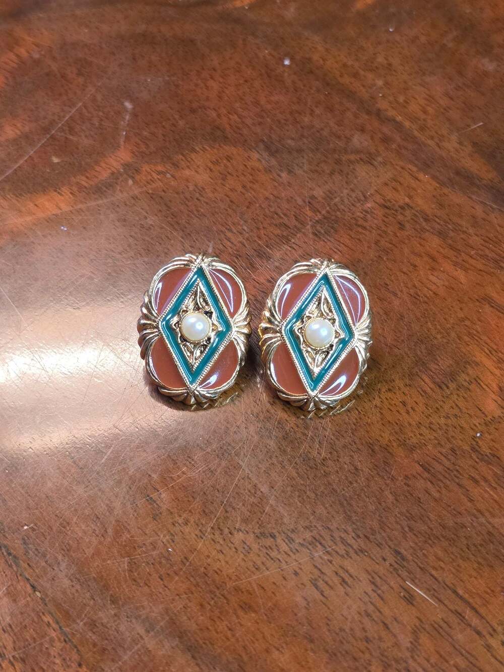 Vintage Gold Tone Oval Stud Earrings with Orange and Green Enamel and Faux Pearl